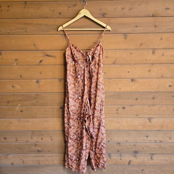 J. Crew Tie Front Jumpsuit Vintage Vines Floral Brown Boho 2 Sleeveless Smocked - Picture 2 of 5